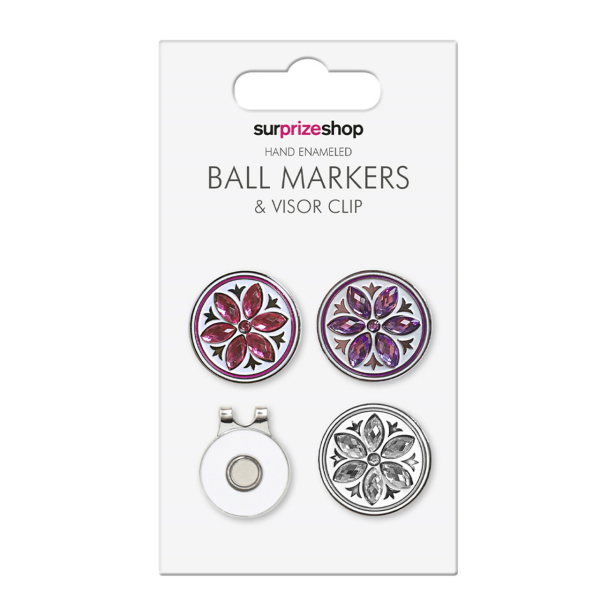 Ladies Crystal Flower Golf Ball Marker And Visor Clip Set